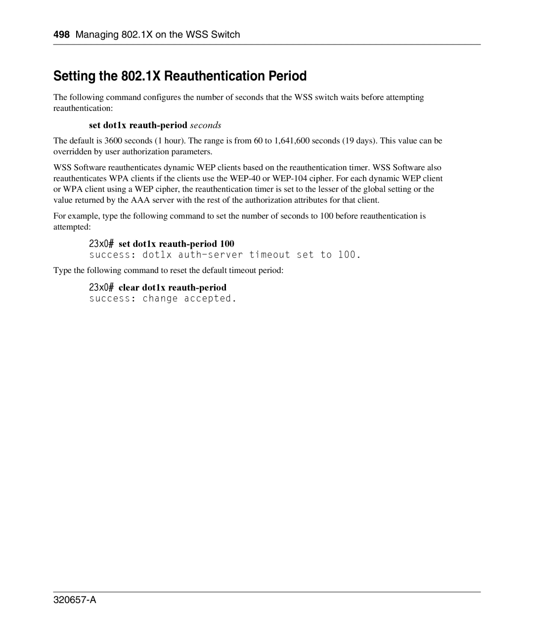 Nortel Networks 2300 manual Setting the 802.1X Reauthentication Period, Set dot1x reauth-period seconds 