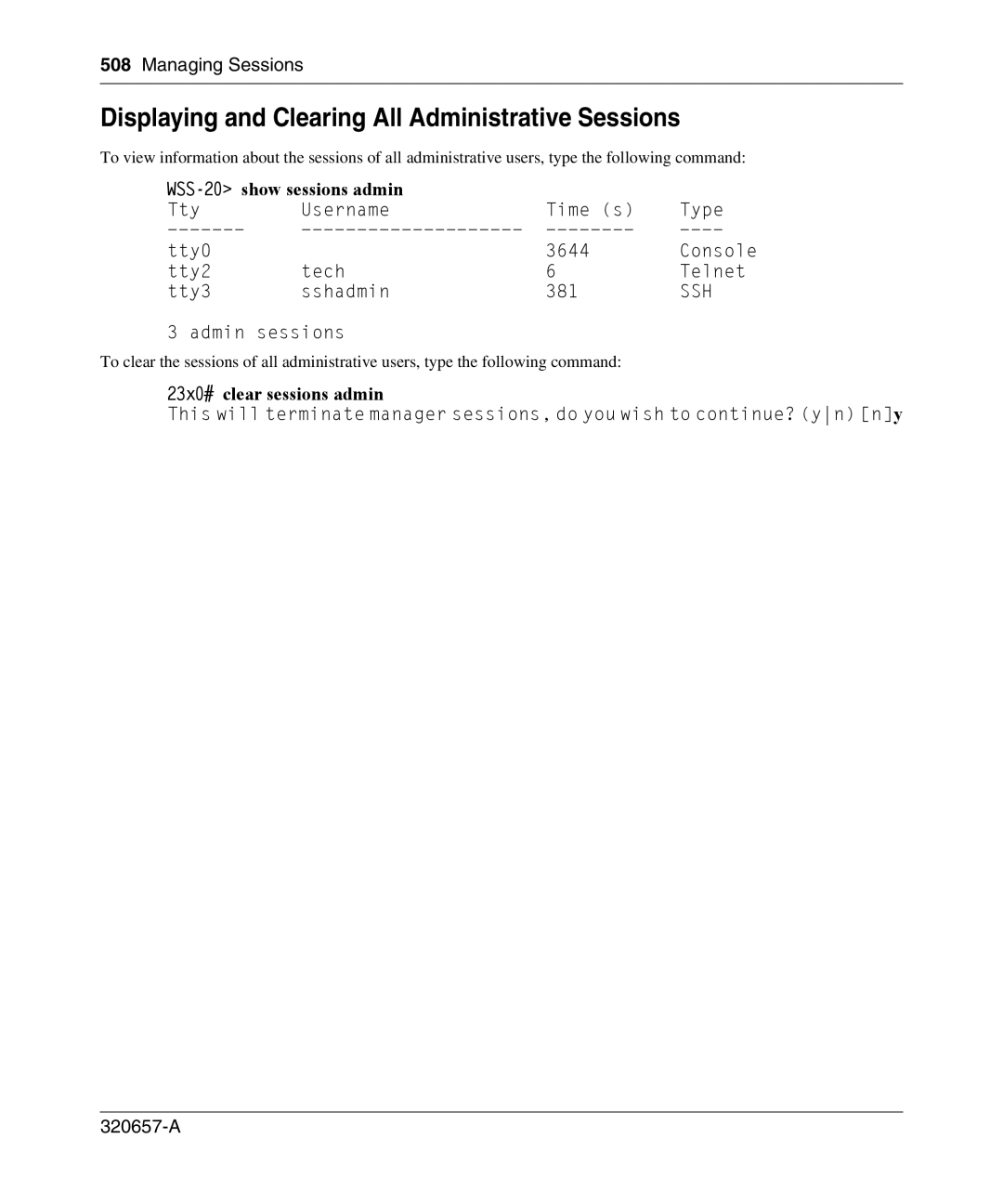 Nortel Networks 2300 manual Displaying and Clearing All Administrative Sessions, WSS-20 show sessions admin 