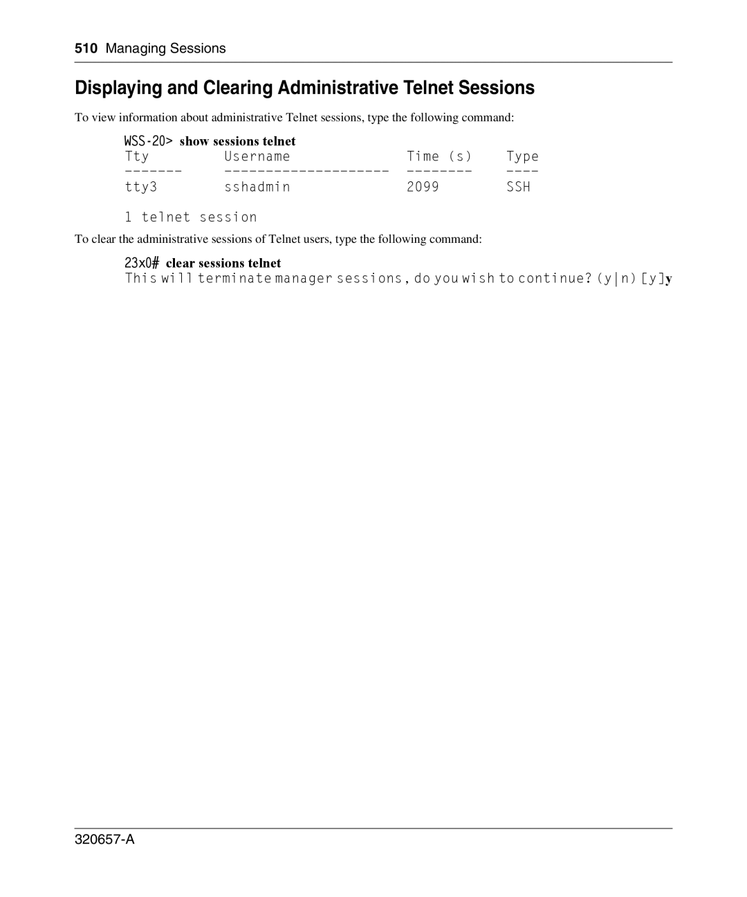 Nortel Networks 2300 Displaying and Clearing Administrative Telnet Sessions, WSS-20 show sessions telnet, Telnet session 