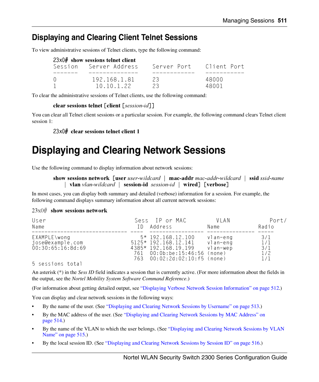 Nortel Networks 2300 manual Displaying and Clearing Network Sessions, Displaying and Clearing Client Telnet Sessions 