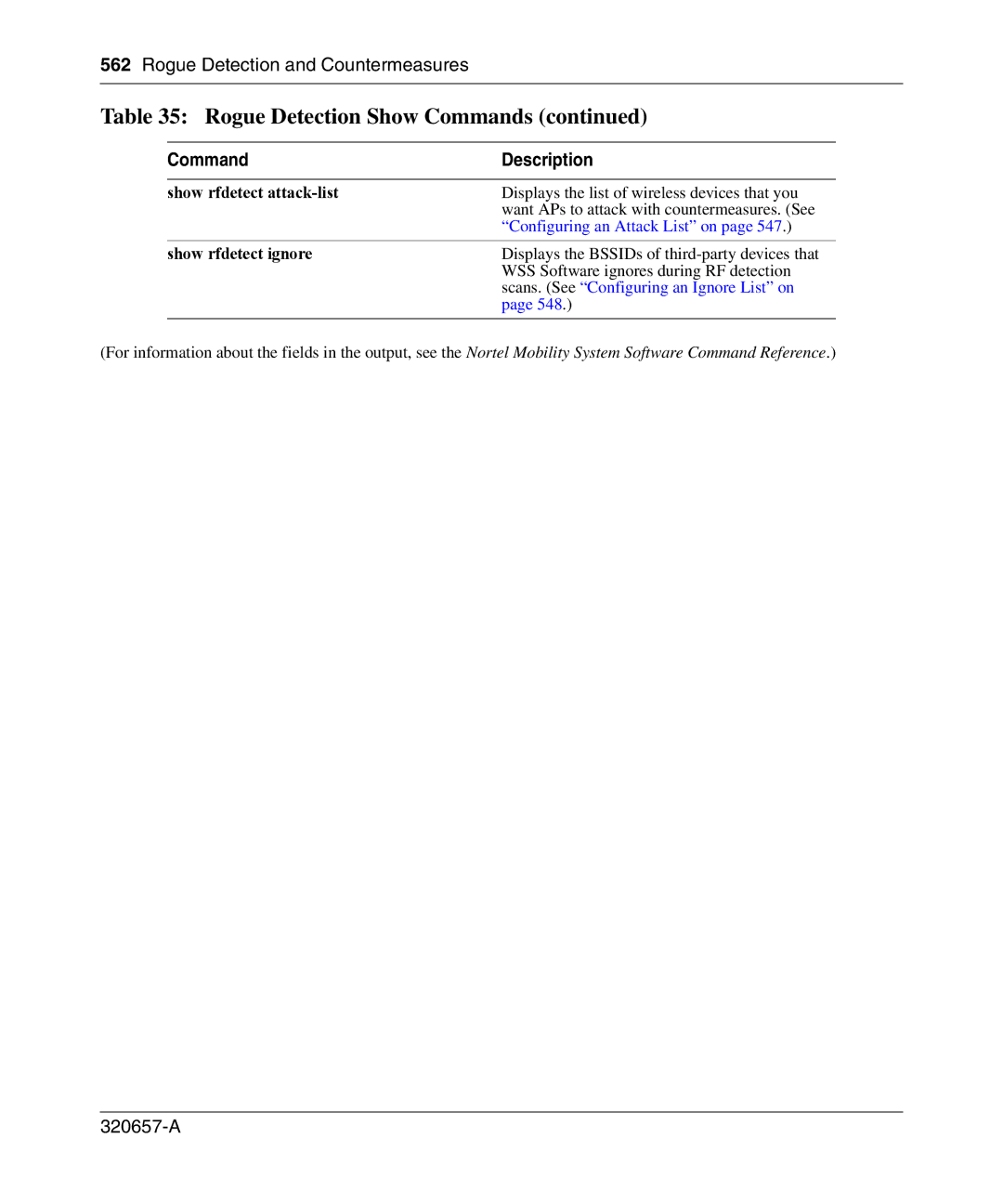 Nortel Networks 2300 manual Show rfdetect attack-list, Show rfdetect ignore 