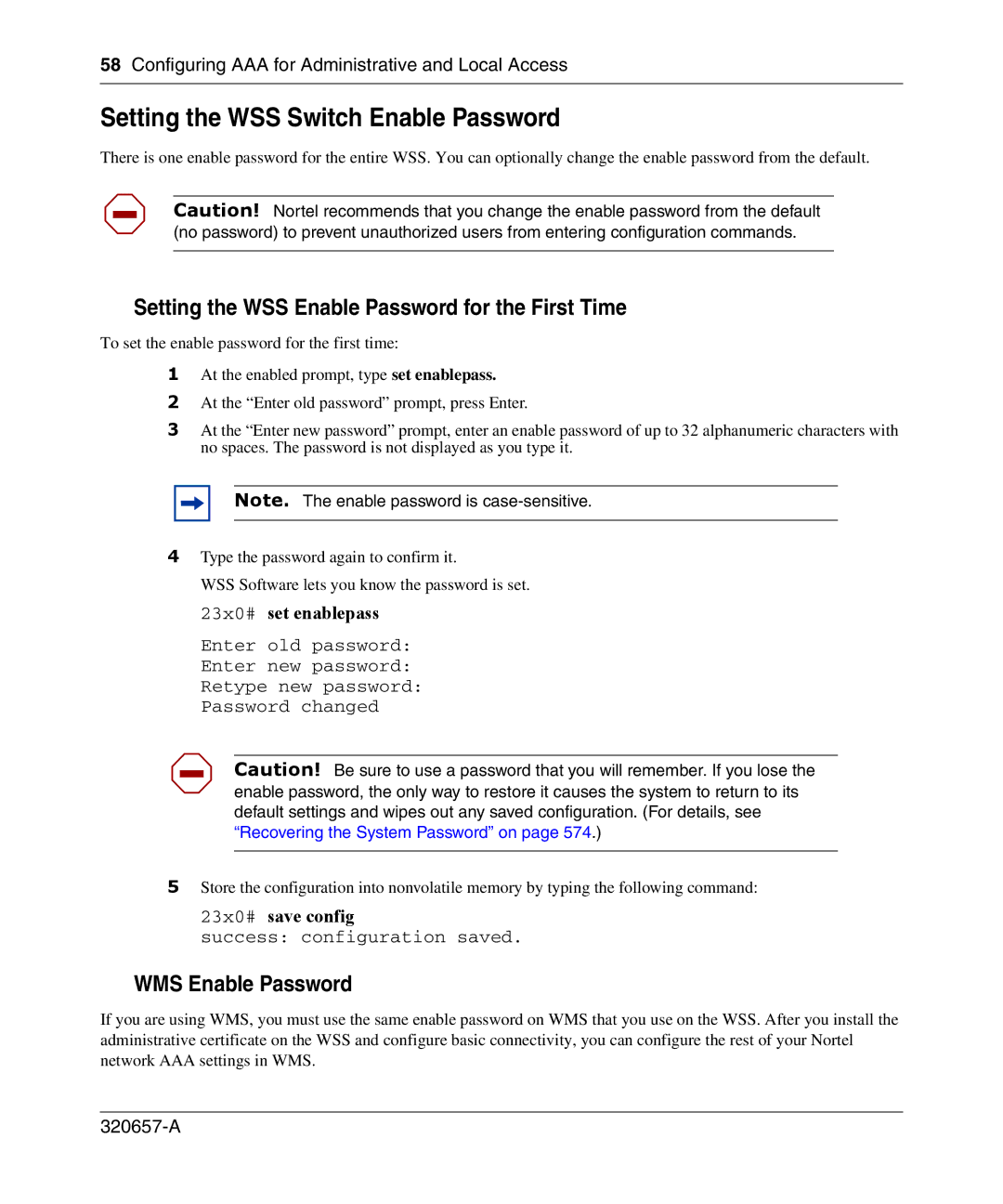 Nortel Networks 2300 manual Setting the WSS Switch Enable Password, Setting the WSS Enable Password for the First Time 