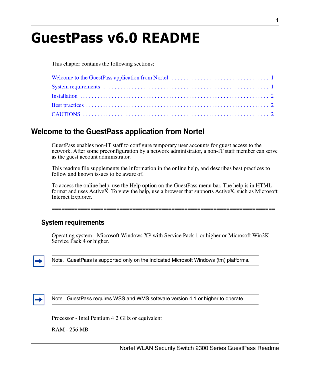 Nortel Networks 2300 manual GuestPass v6.0 Readme, System requirements 