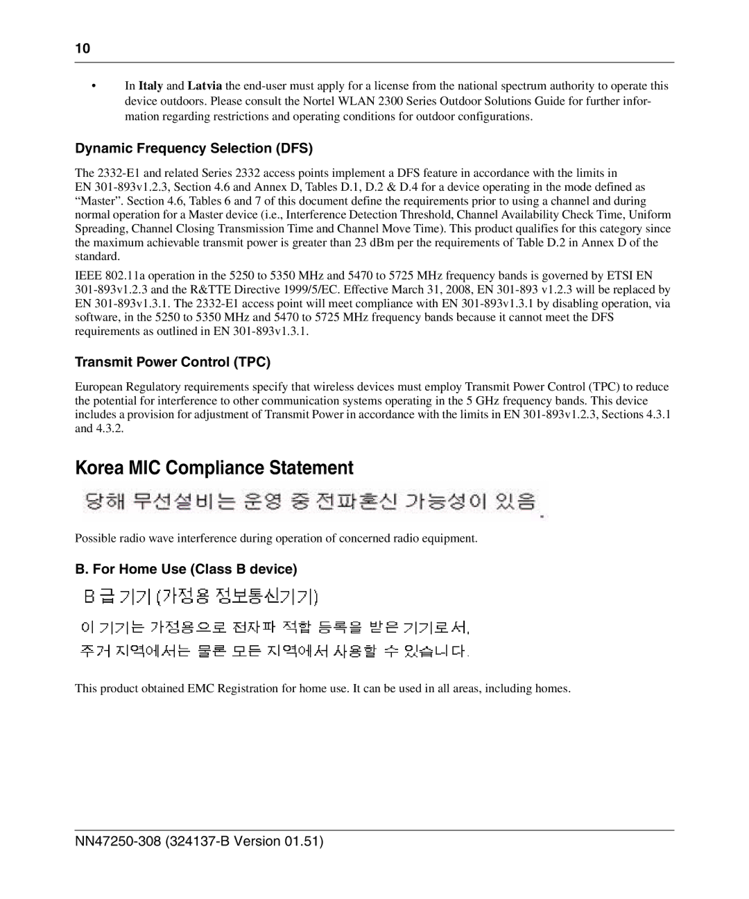 Nortel Networks 2332 manual Dynamic Frequency Selection DFS, Transmit Power Control TPC, For Home Use Class B device 