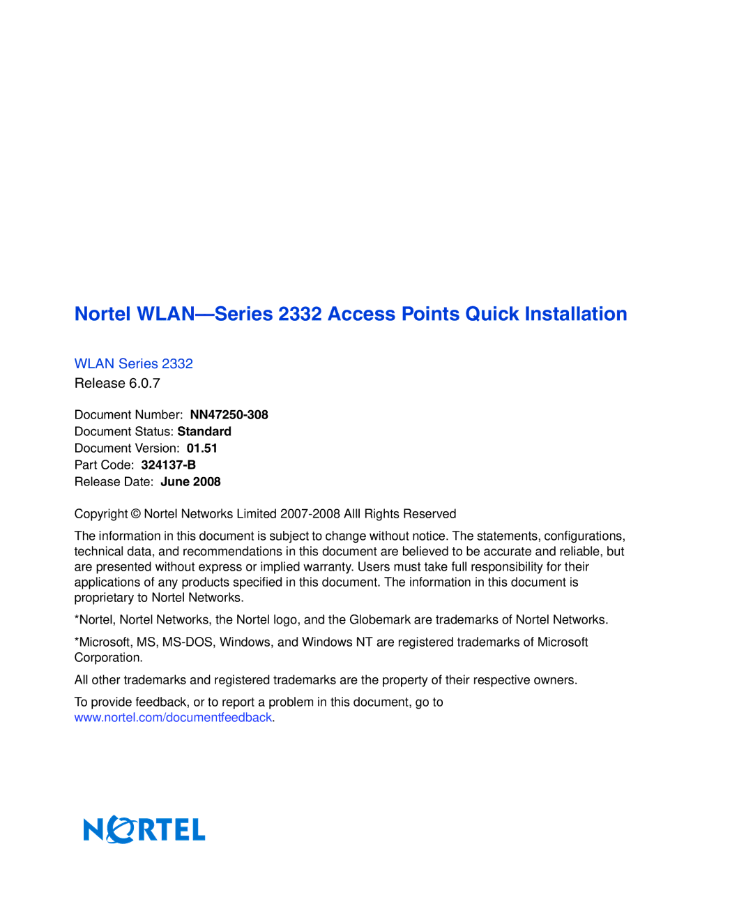 Nortel Networks manual Nortel WLAN-Series 2332 Access Points Quick Installation 