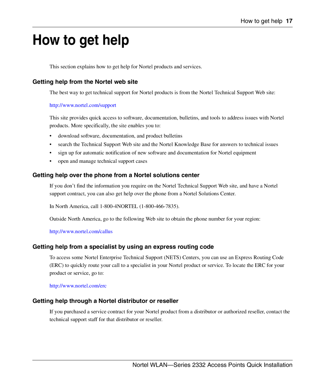 Nortel Networks 2332 Getting help from the Nortel web site, Getting help over the phone from a Nortel solutions center 