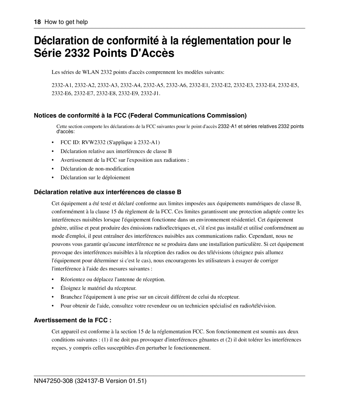 Nortel Networks 2332 manual Déclaration relative aux interférences de classe B, Avertissement de la FCC 