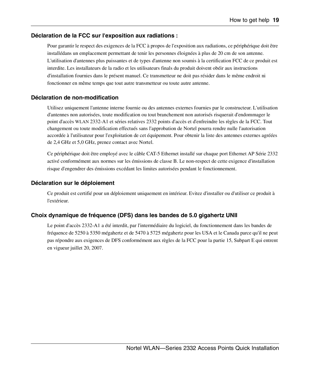 Nortel Networks 2332 manual Déclaration de la FCC sur lexposition aux radiations, Déclaration de non-modification 