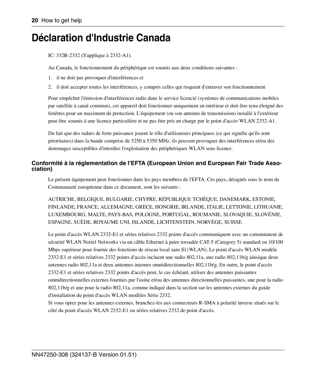 Nortel Networks 2332 manual Déclaration dIndustrie Canada 