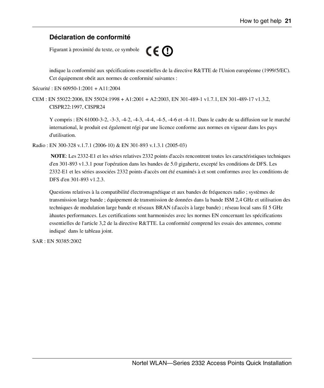 Nortel Networks 2332 manual Déclaration de conformité 