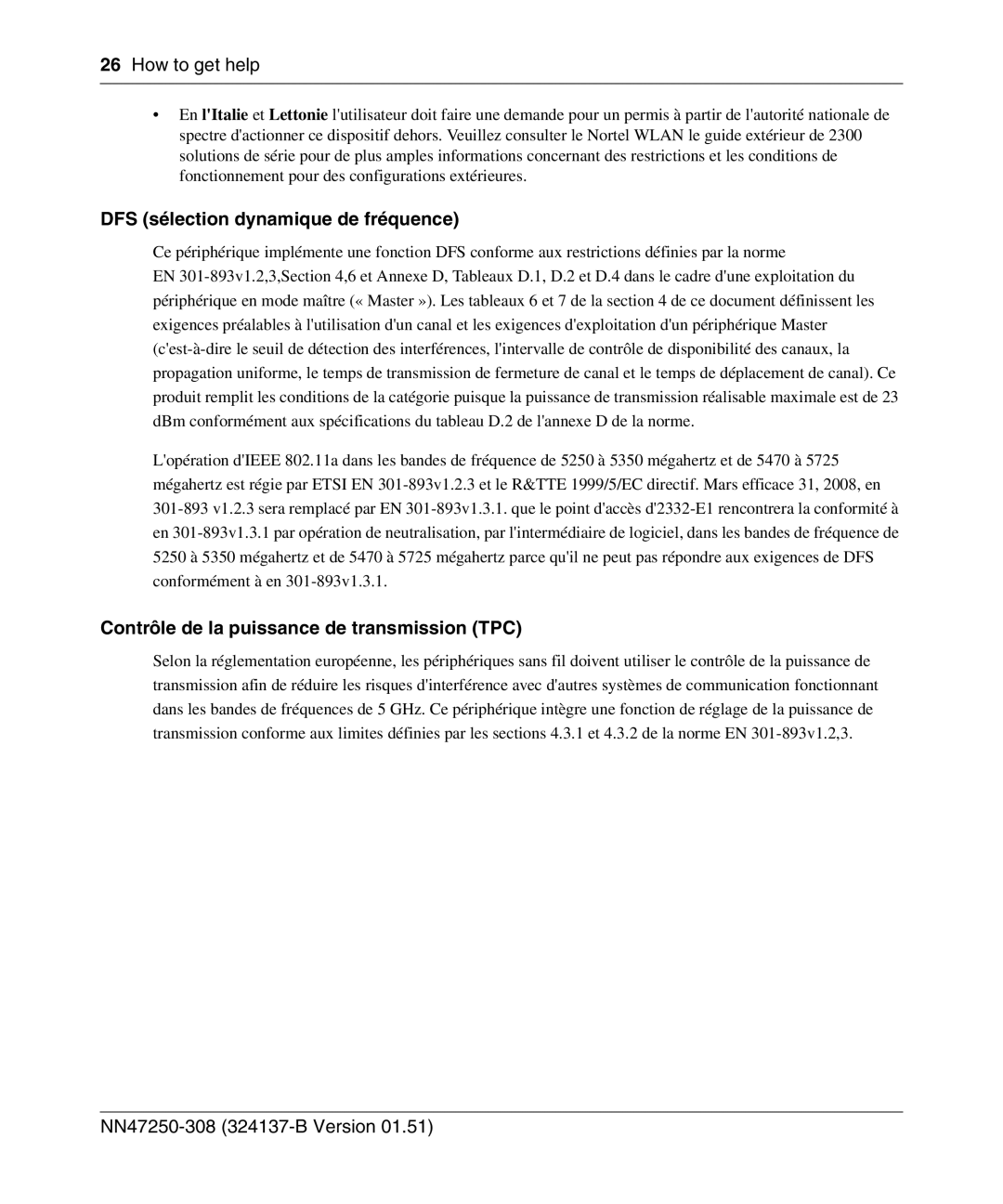 Nortel Networks 2332 manual DFS sélection dynamique de fréquence, Contrôle de la puissance de transmission TPC 