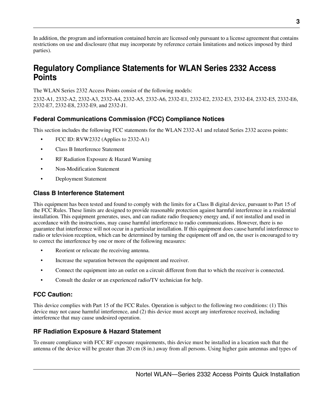 Nortel Networks 2332 Federal Communications Commission FCC Compliance Notices, Class B Interference Statement, FCC Caution 