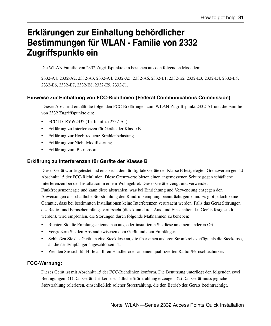 Nortel Networks 2332 manual Erklärung zu Interferenzen für Geräte der Klasse B, FCC-Warnung 