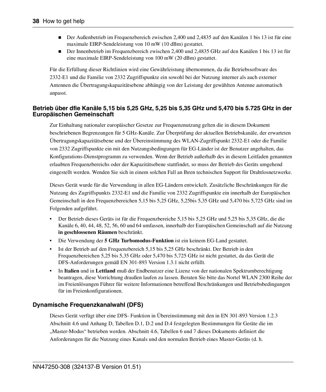 Nortel Networks 2332 manual Dynamische Frequenzkanalwahl DFS 