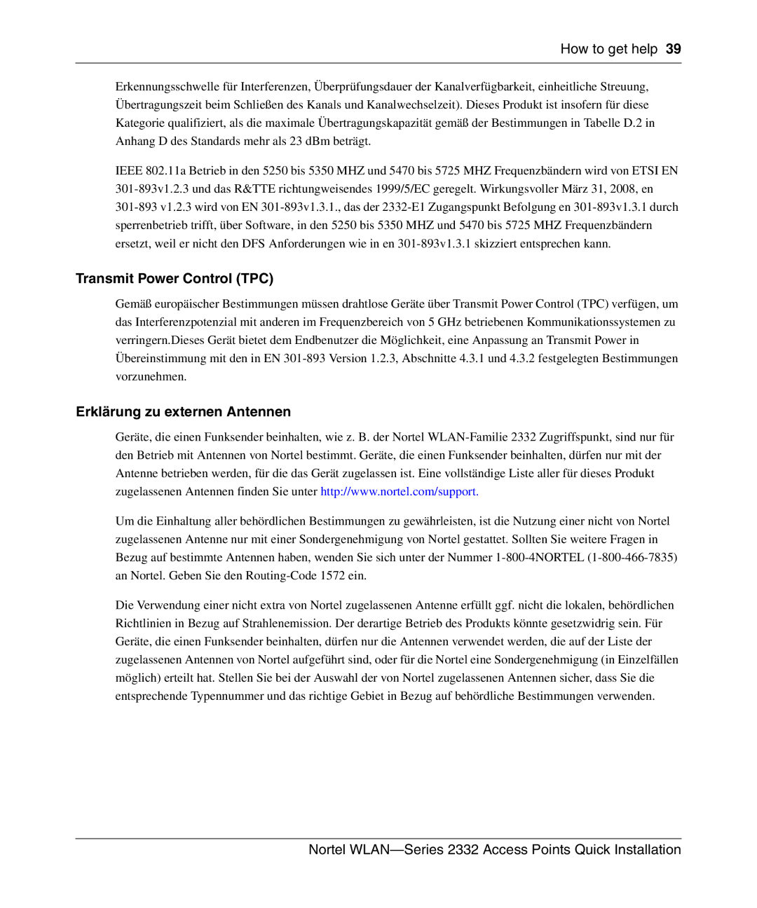 Nortel Networks 2332 manual Transmit Power Control TPC, Erklärung zu externen Antennen 