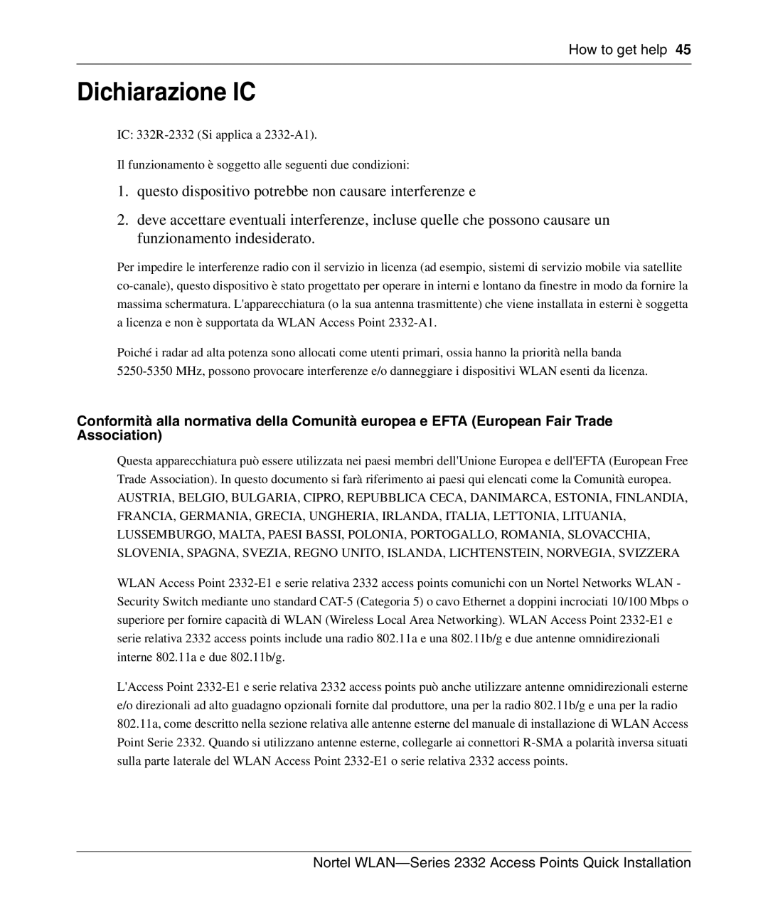 Nortel Networks 2332 manual Dichiarazione IC 