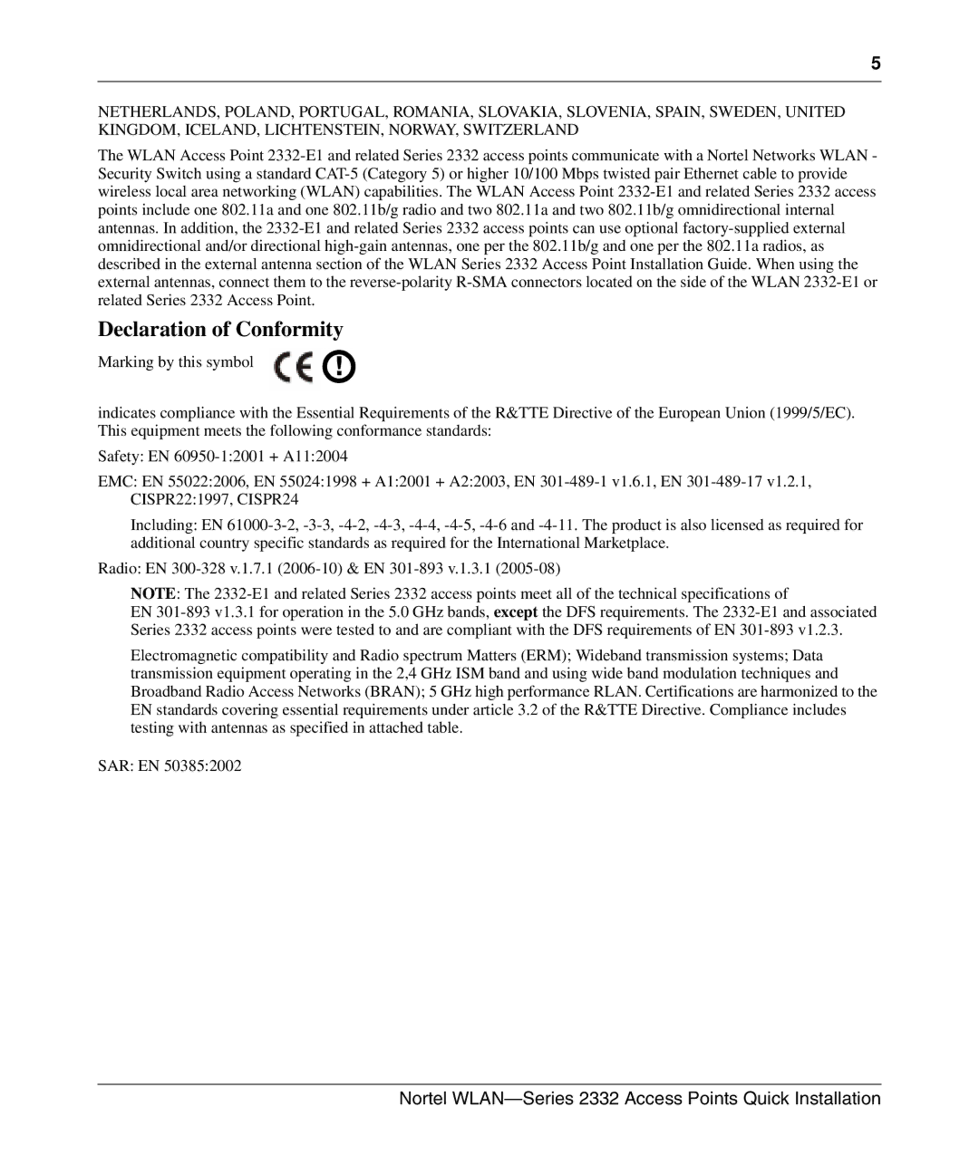 Nortel Networks 2332 manual Declaration of Conformity 