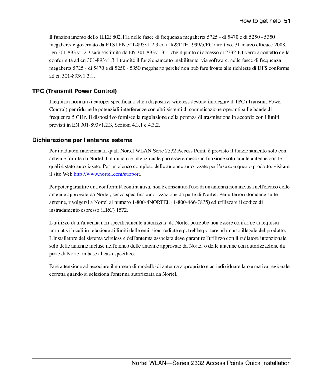 Nortel Networks 2332 manual TPC Transmit Power Control, Dichiarazione per lantenna esterna 