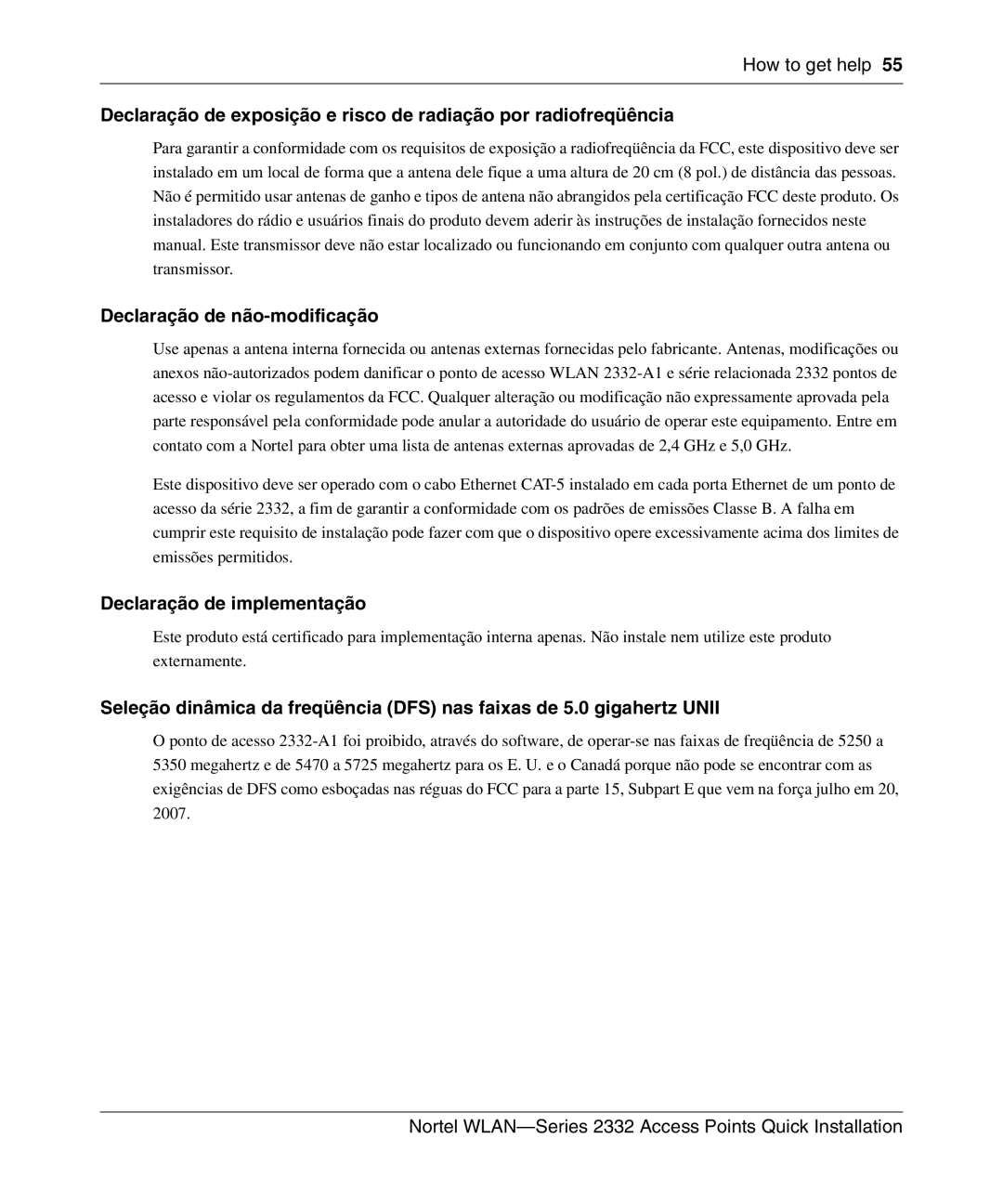 Nortel Networks 2332 manual Declaração de não-modificação, Declaração de implementação 