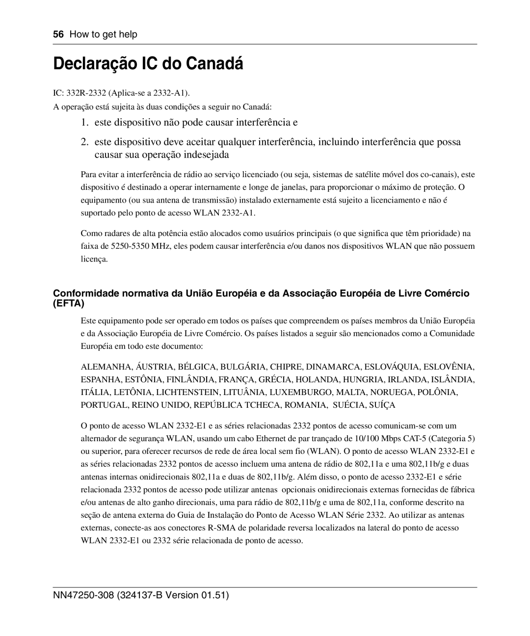 Nortel Networks 2332 manual Declaração IC do Canadá 