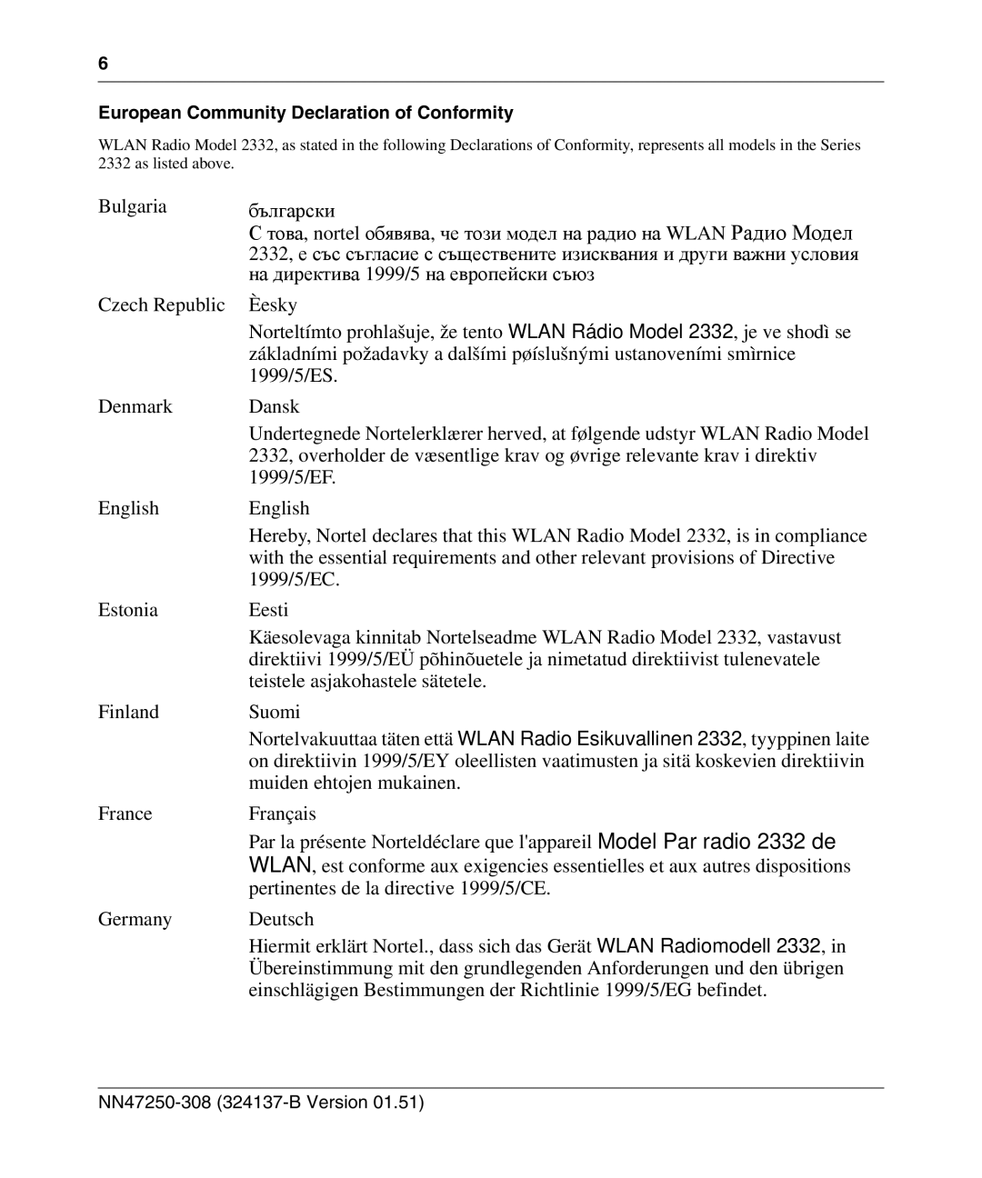 Nortel Networks 2332 manual European Community Declaration of Conformity 