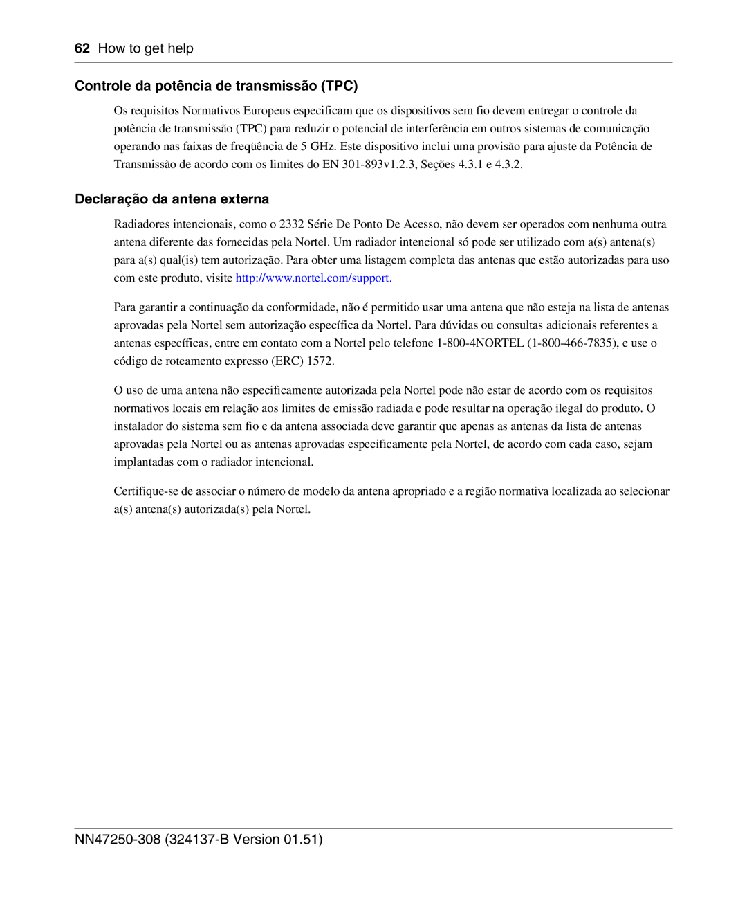 Nortel Networks 2332 manual Controle da potência de transmissão TPC, Declaração da antena externa 