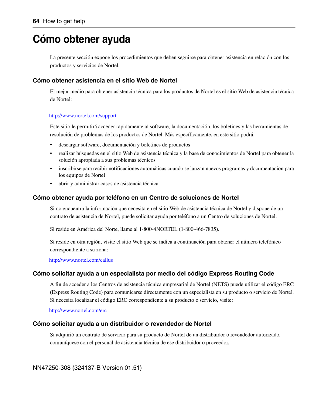 Nortel Networks 2332 manual Cómo obtener ayuda, Cómo obtener asistencia en el sitio Web de Nortel 