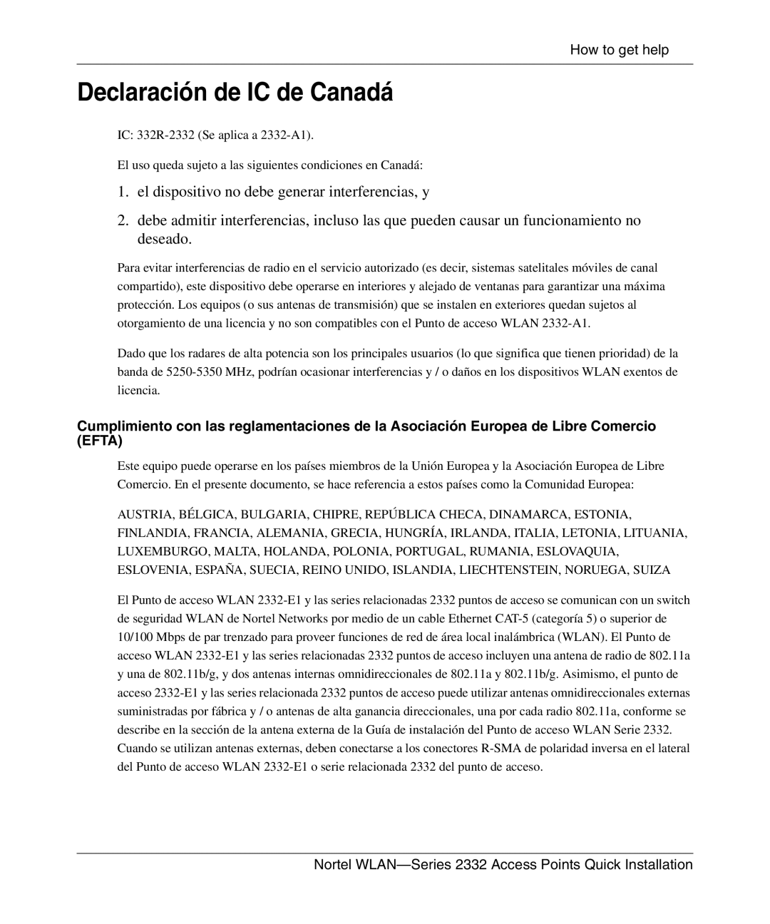 Nortel Networks 2332 manual Declaración de IC de Canadá 