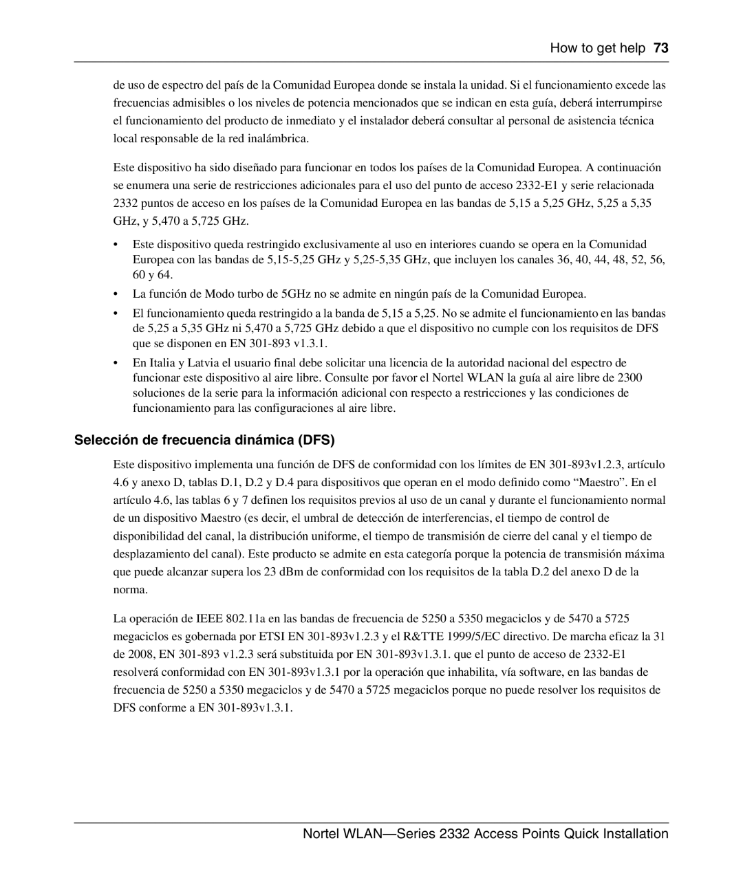 Nortel Networks 2332 manual Selección de frecuencia dinámica DFS 