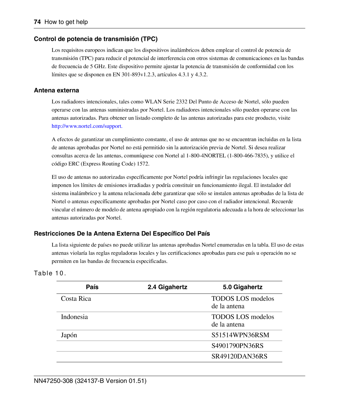 Nortel Networks 2332 manual Control de potencia de transmisión TPC, Antena externa, País Gigahertz 