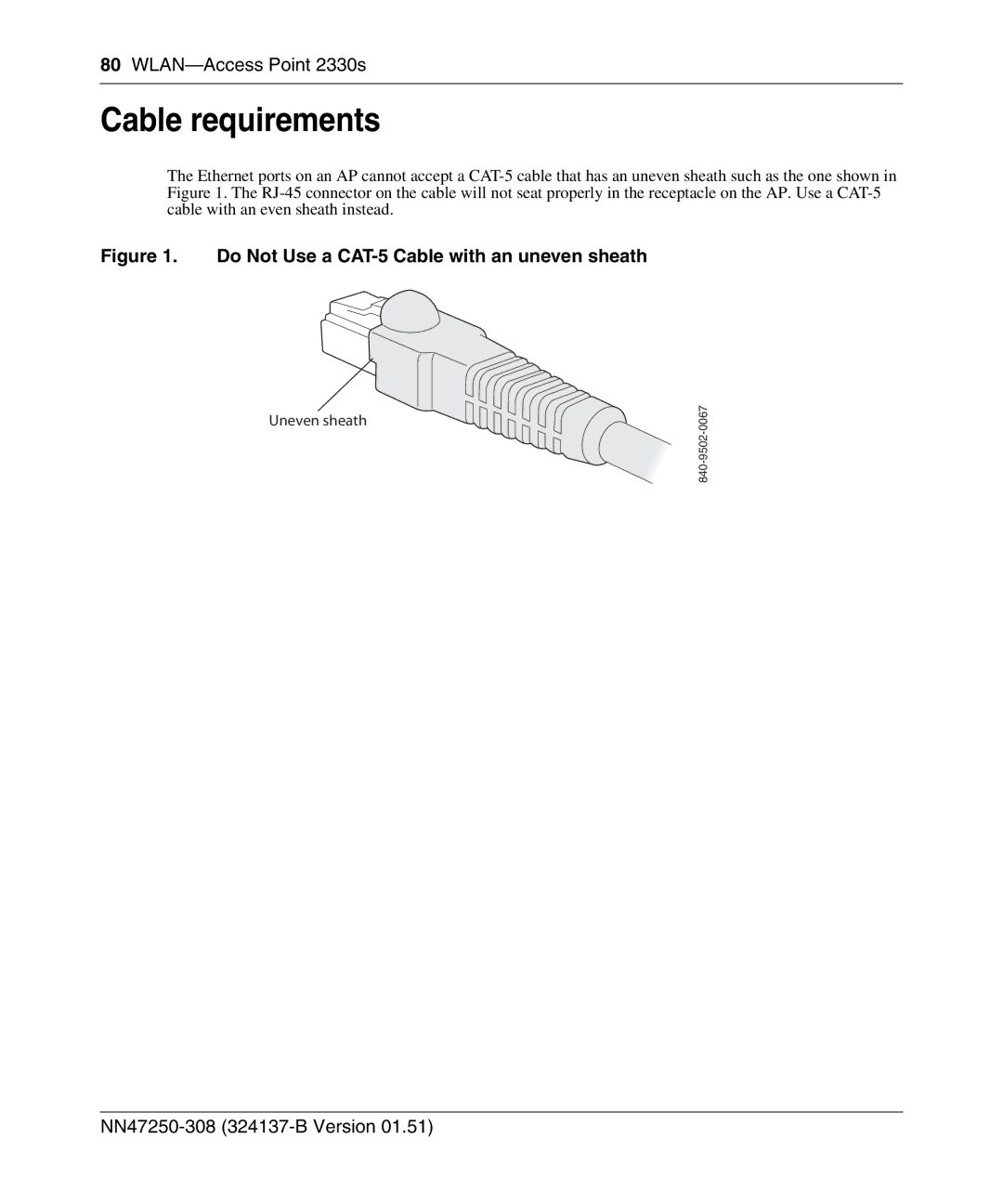 Nortel Networks 2332 manual Cable requirements, Do Not Use a CAT-5 Cable with an uneven sheath 