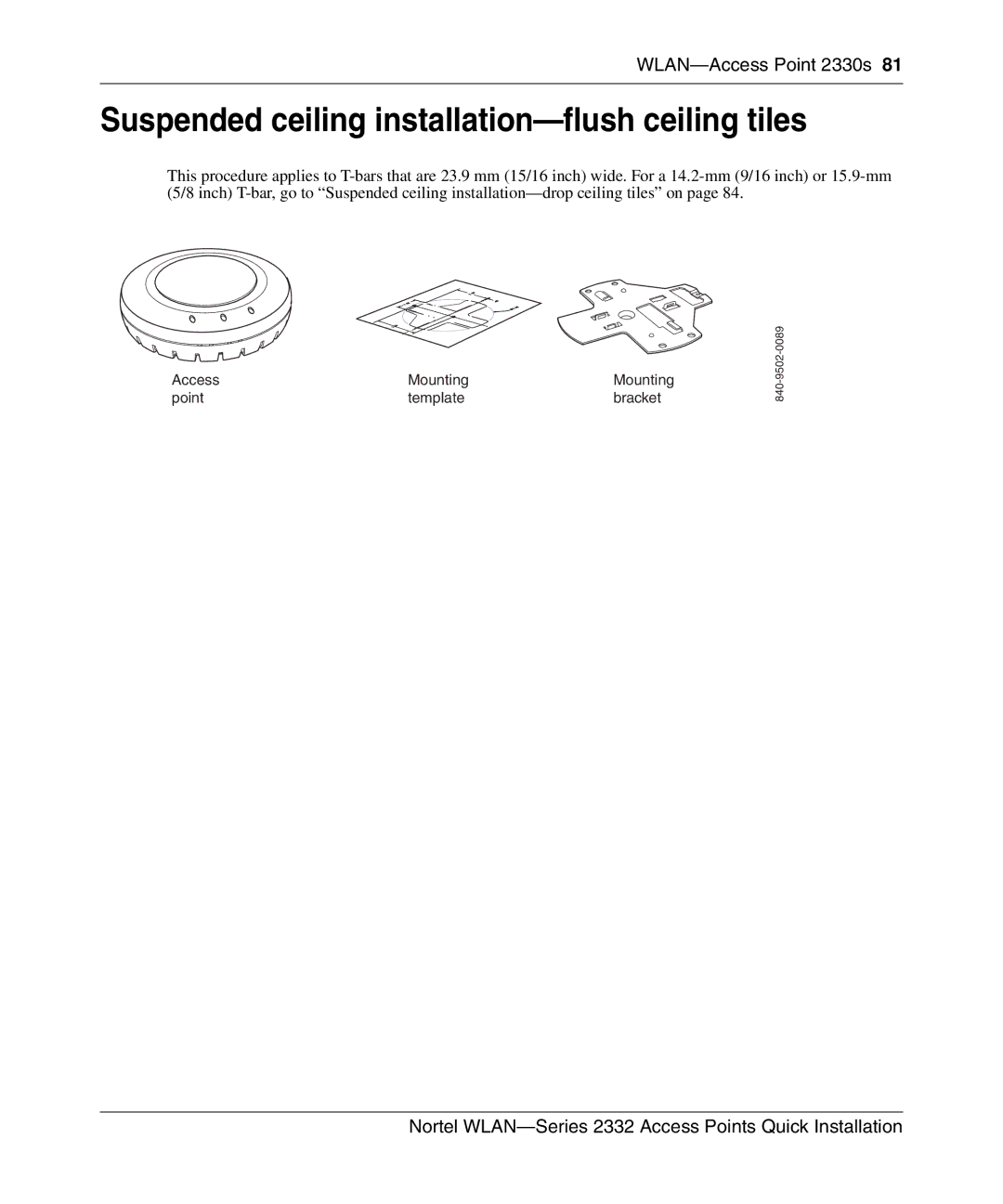 Nortel Networks 2332 manual Suspended ceiling installation-flush ceiling tiles 