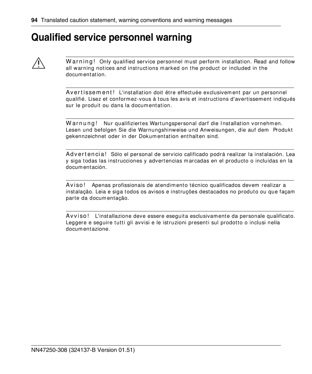 Nortel Networks 2332 manual Qualified service personnel warning 