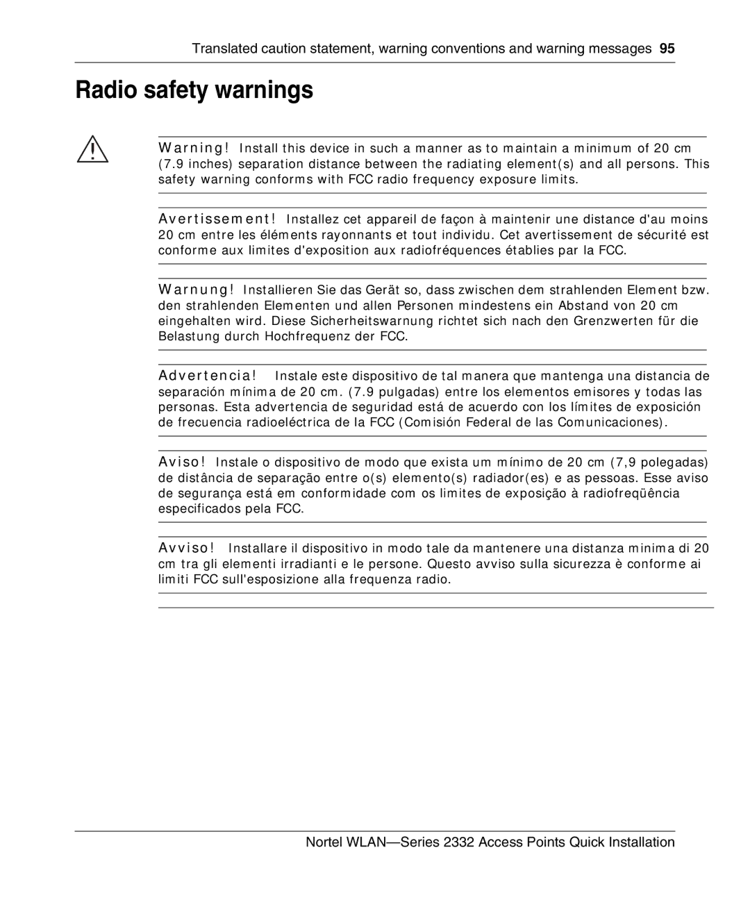 Nortel Networks 2332 manual Radio safety warnings 