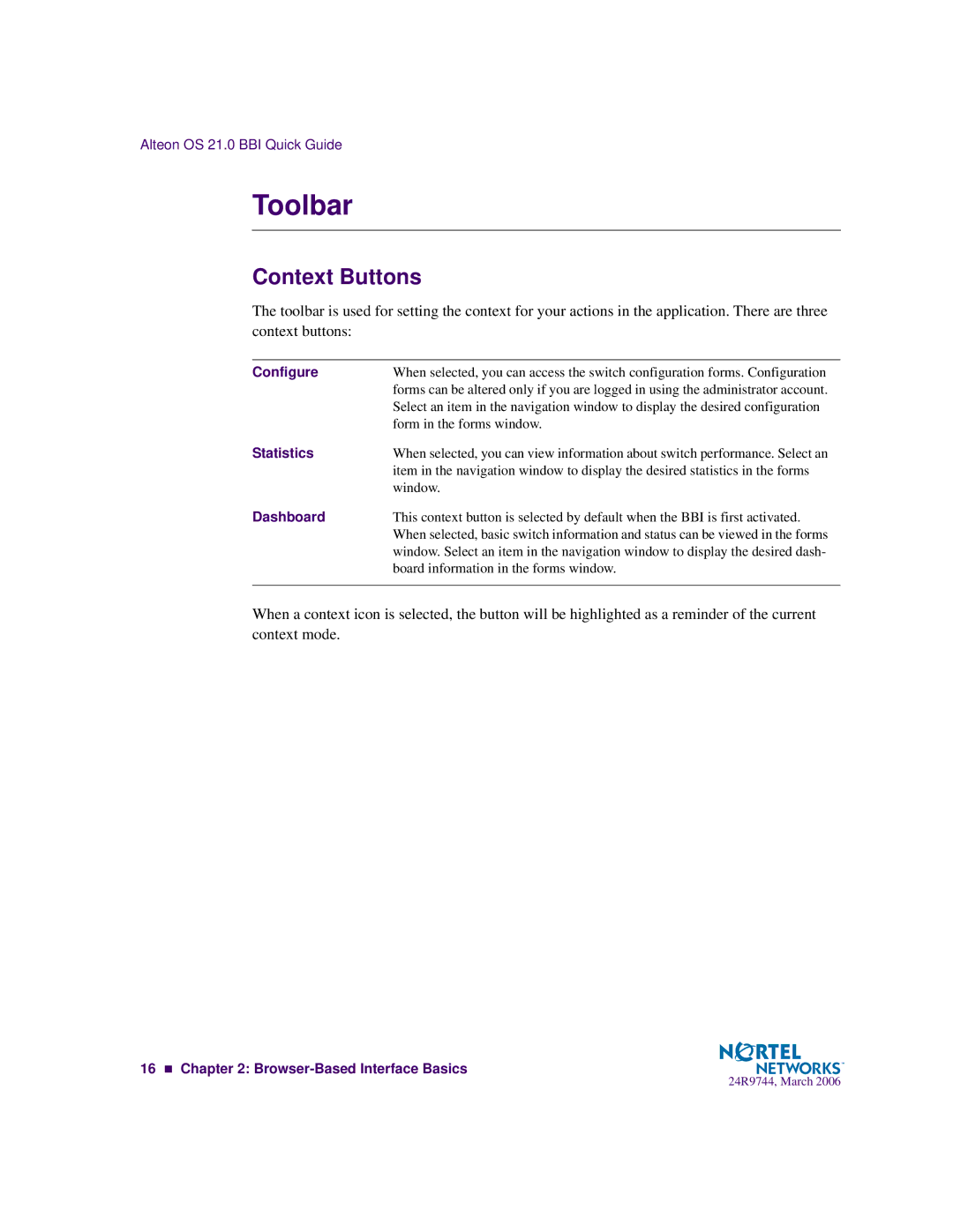 Nortel Networks 24R9744 manual Toolbar, Context Buttons 