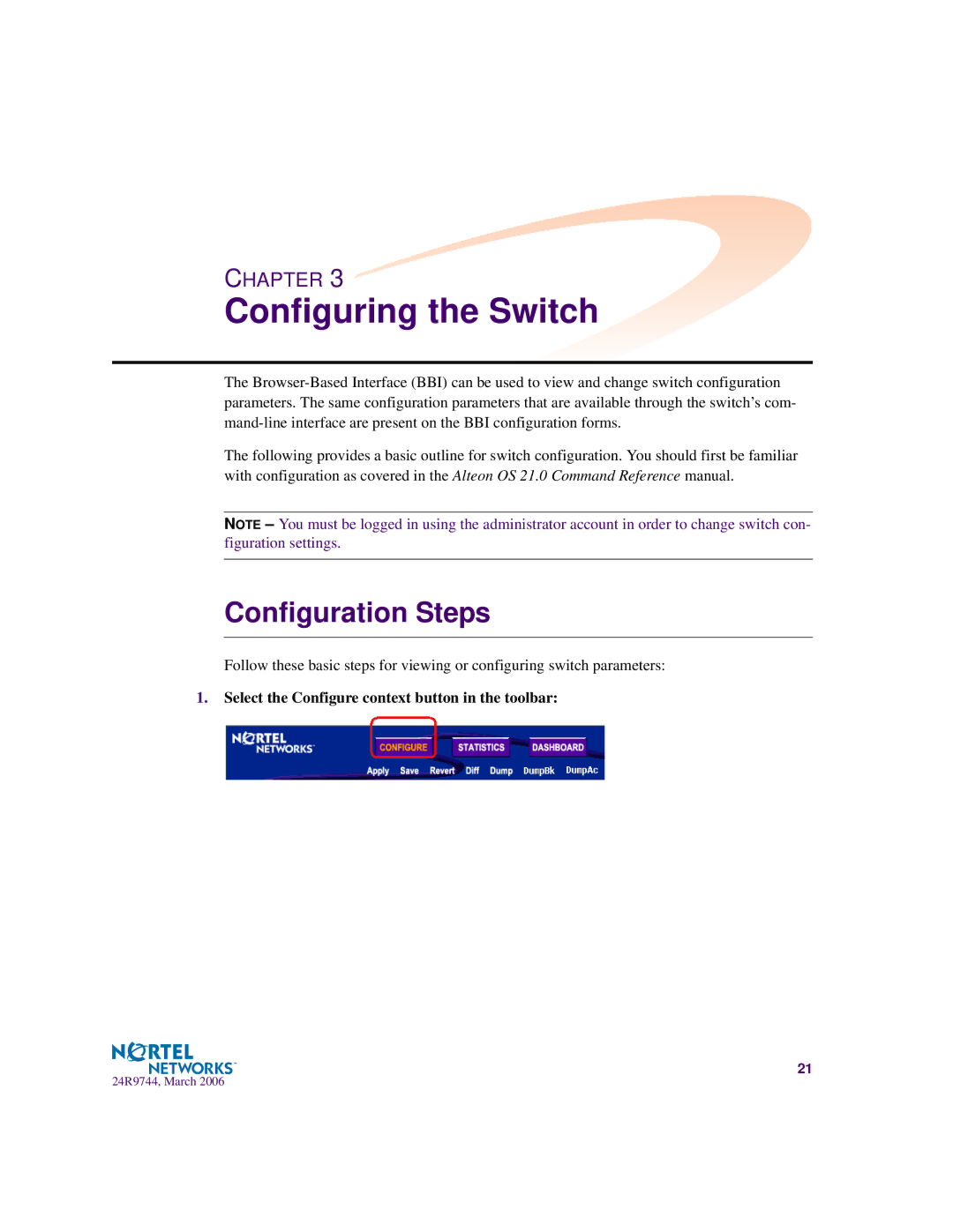 Nortel Networks 24R9744 manual Configuring the Switch, Configuration Steps 