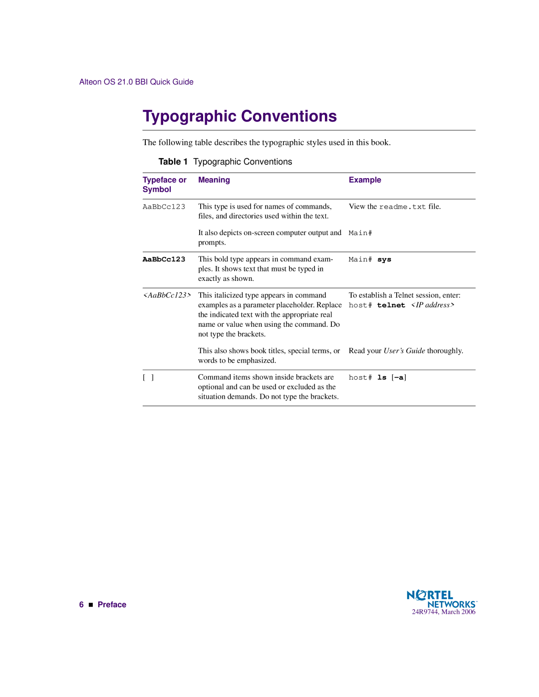 Nortel Networks 24R9744 manual Typographic Conventions 