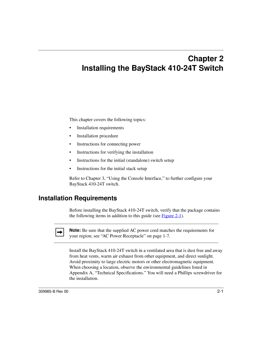 Nortel Networks manual Installing the BayStack 410-24T Switch, Installation Requirements 