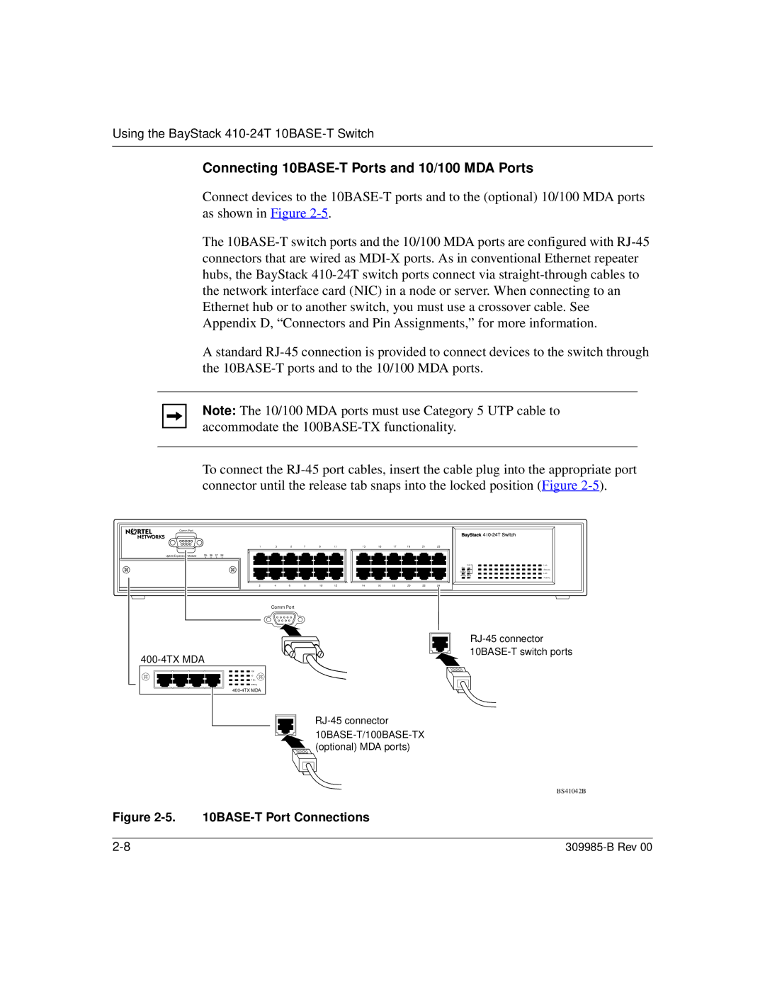 Nortel Networks 24T manual Connecting 10BASE-T Ports and 10/100 MDA Ports, BASE-T Port Connections 