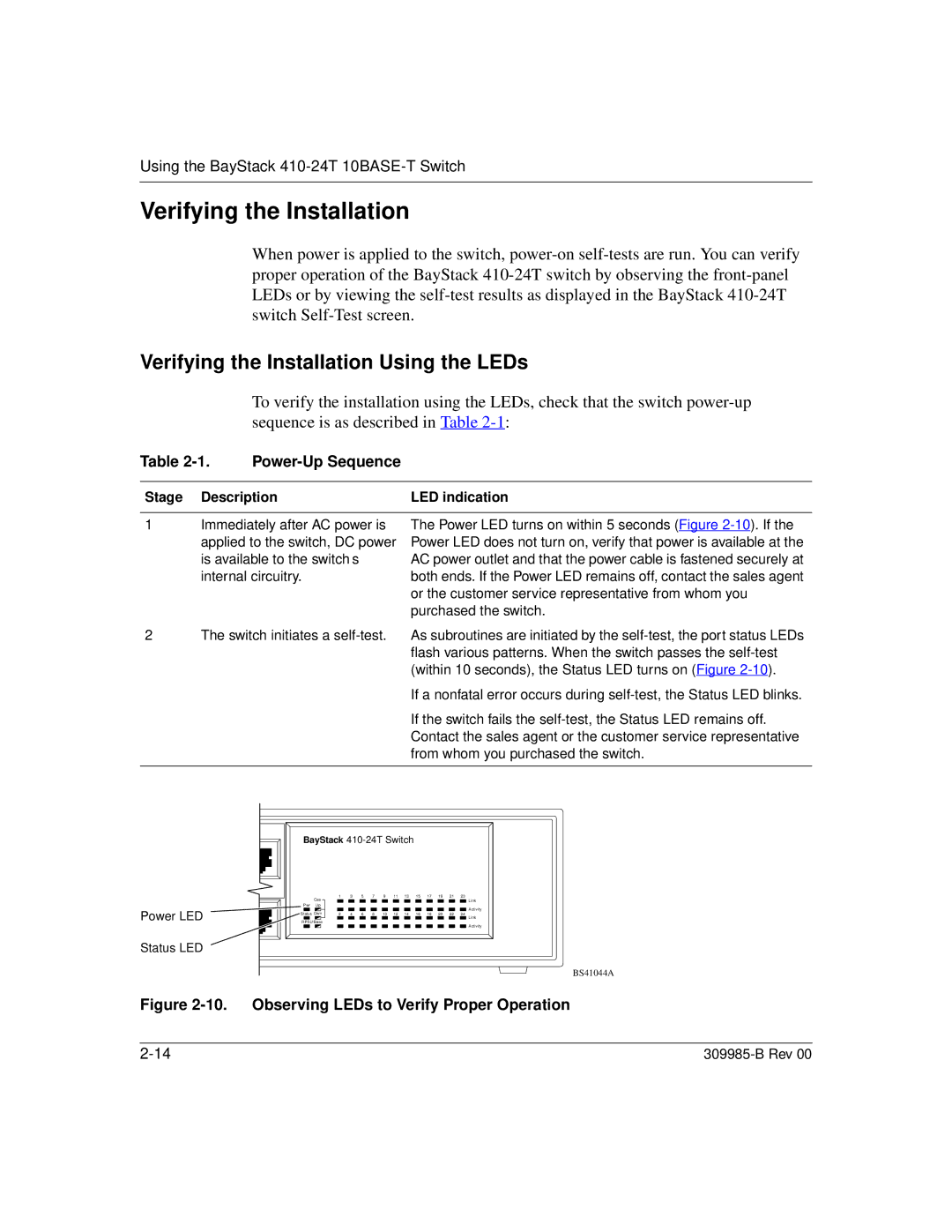 Nortel Networks 24T Verifying the Installation Using the LEDs, Power-Up Sequence, Stage Description LED indication 