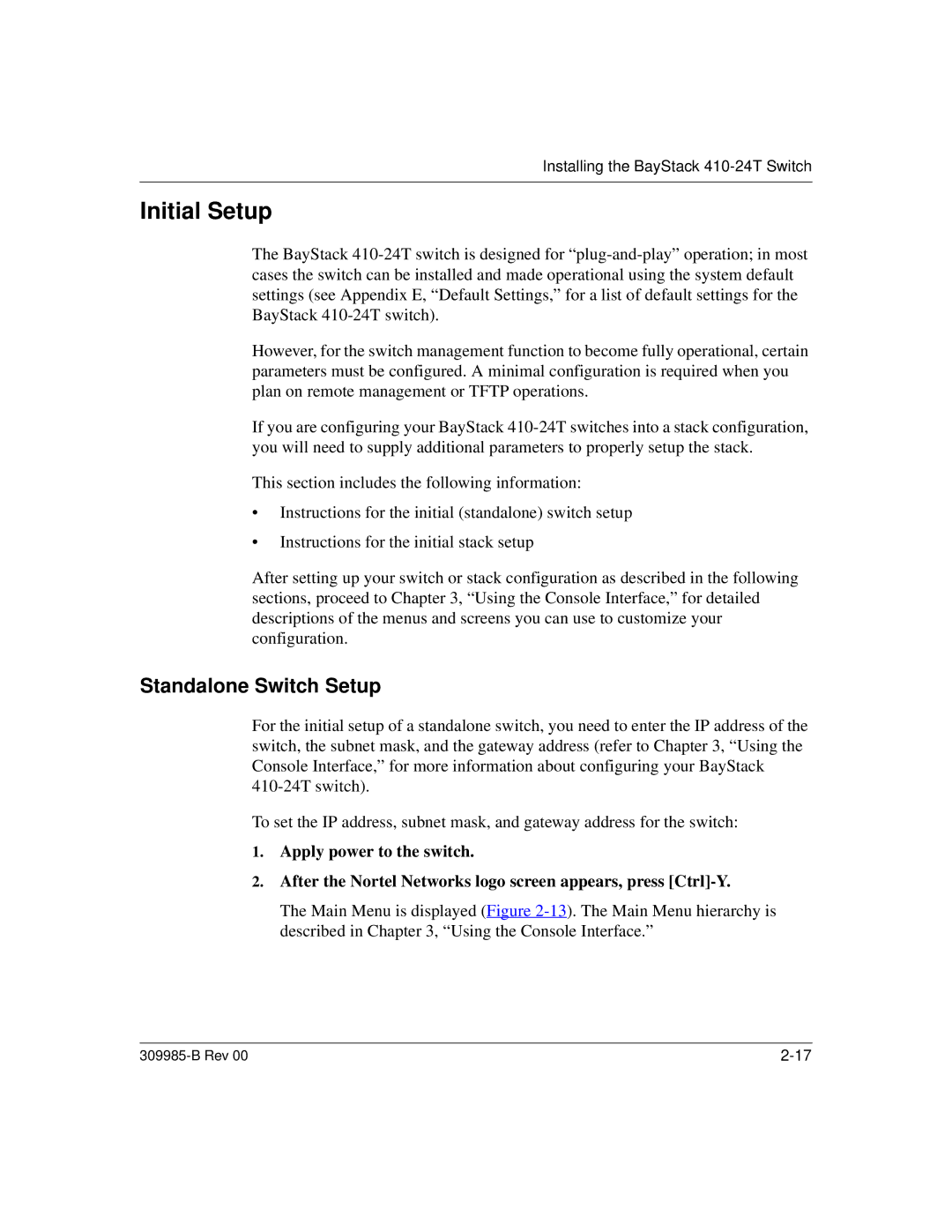 Nortel Networks 24T manual Initial Setup, Standalone Switch Setup 