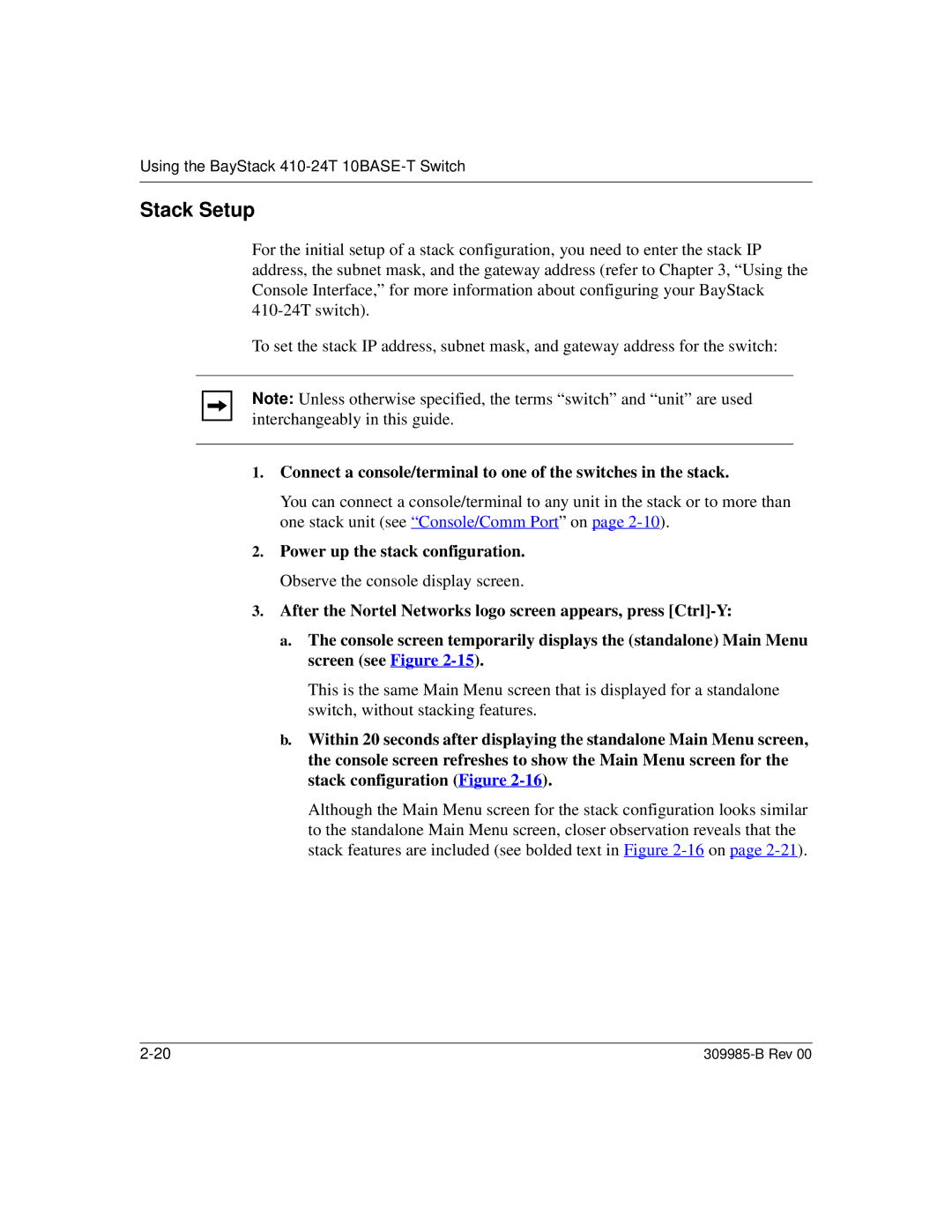 Nortel Networks 24T manual Stack Setup 