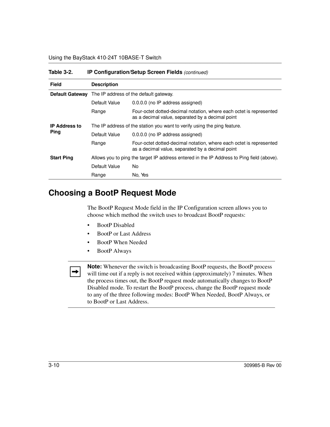 Nortel Networks 24T manual Choosing a BootP Request Mode, FieldDescription, IP Address to Ping Start Ping 