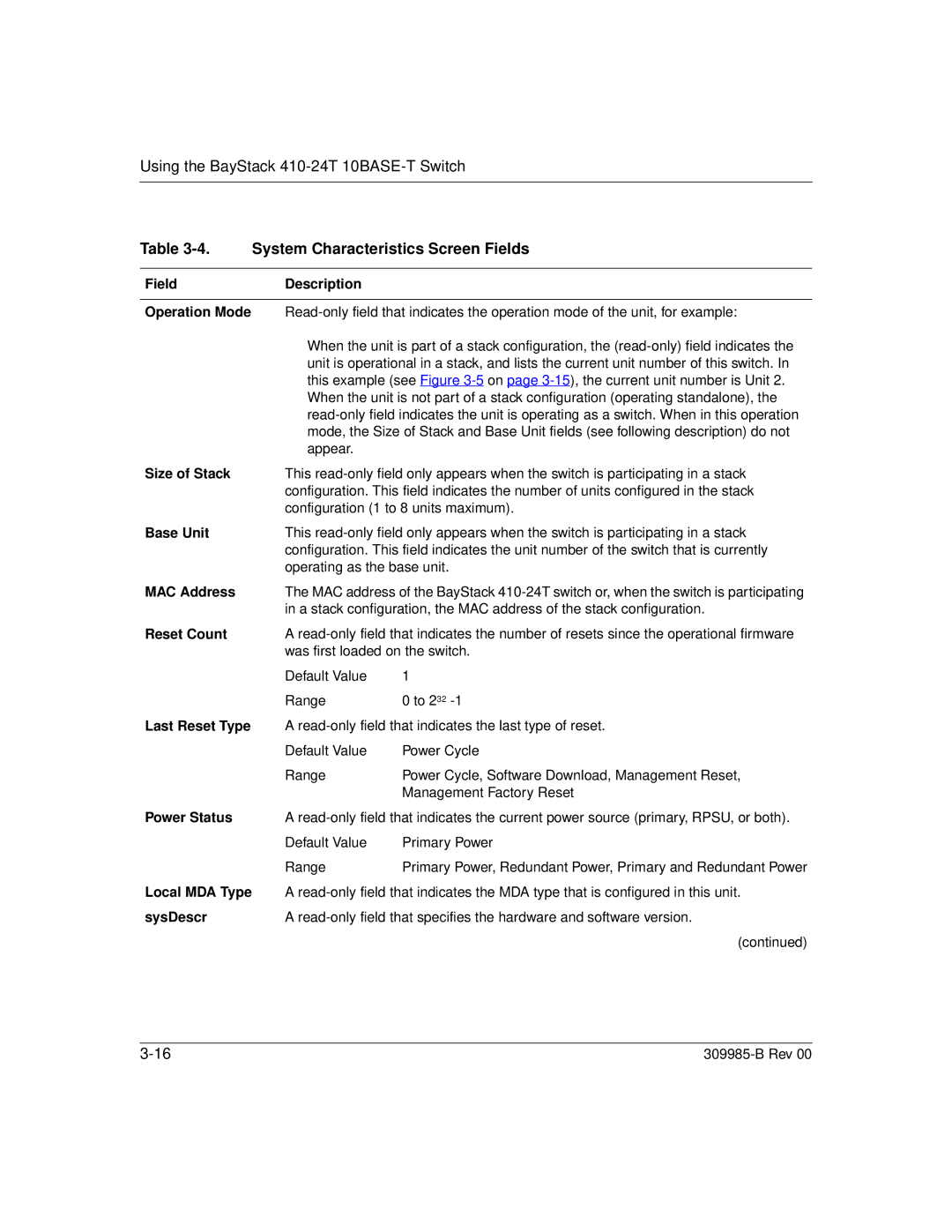 Nortel Networks 24T manual System Characteristics Screen Fields 