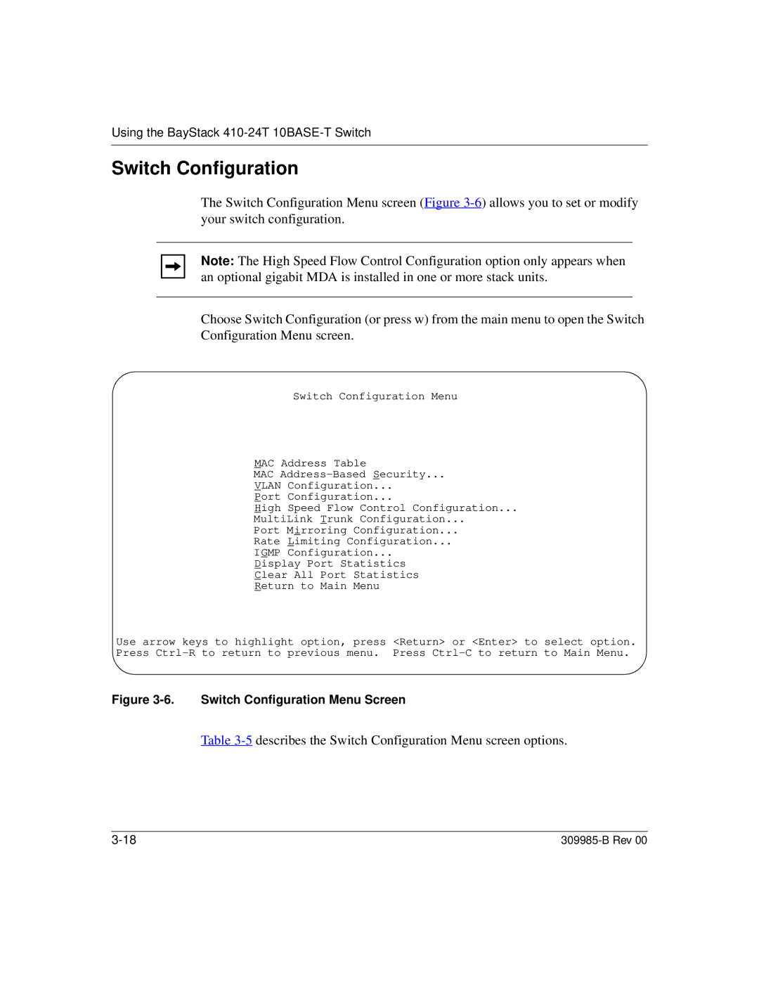 Nortel Networks 24T manual Describes the Switch Configuration Menu screen options 