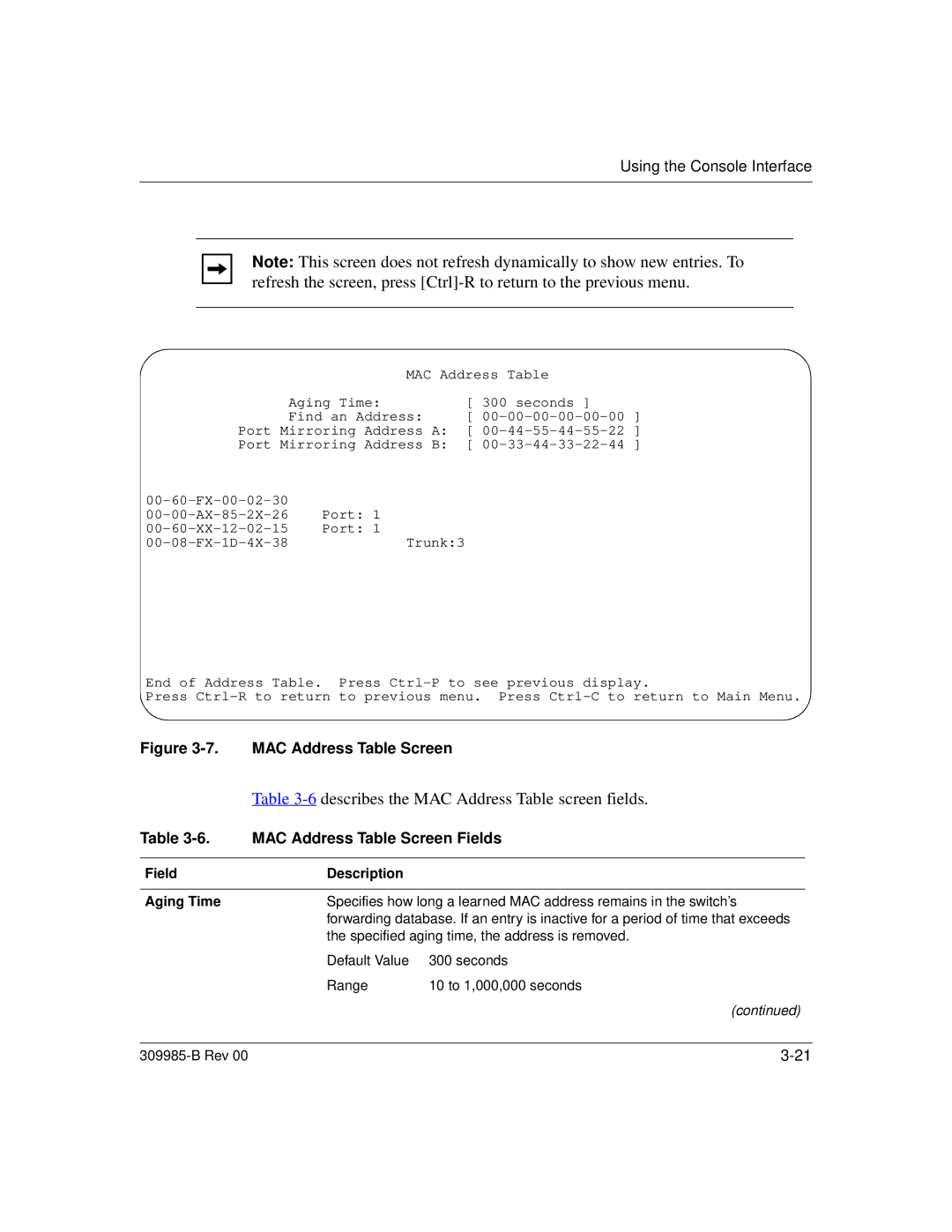 Nortel Networks 24T manual Describes the MAC Address Table screen fields, MAC Address Table Screen Fields 