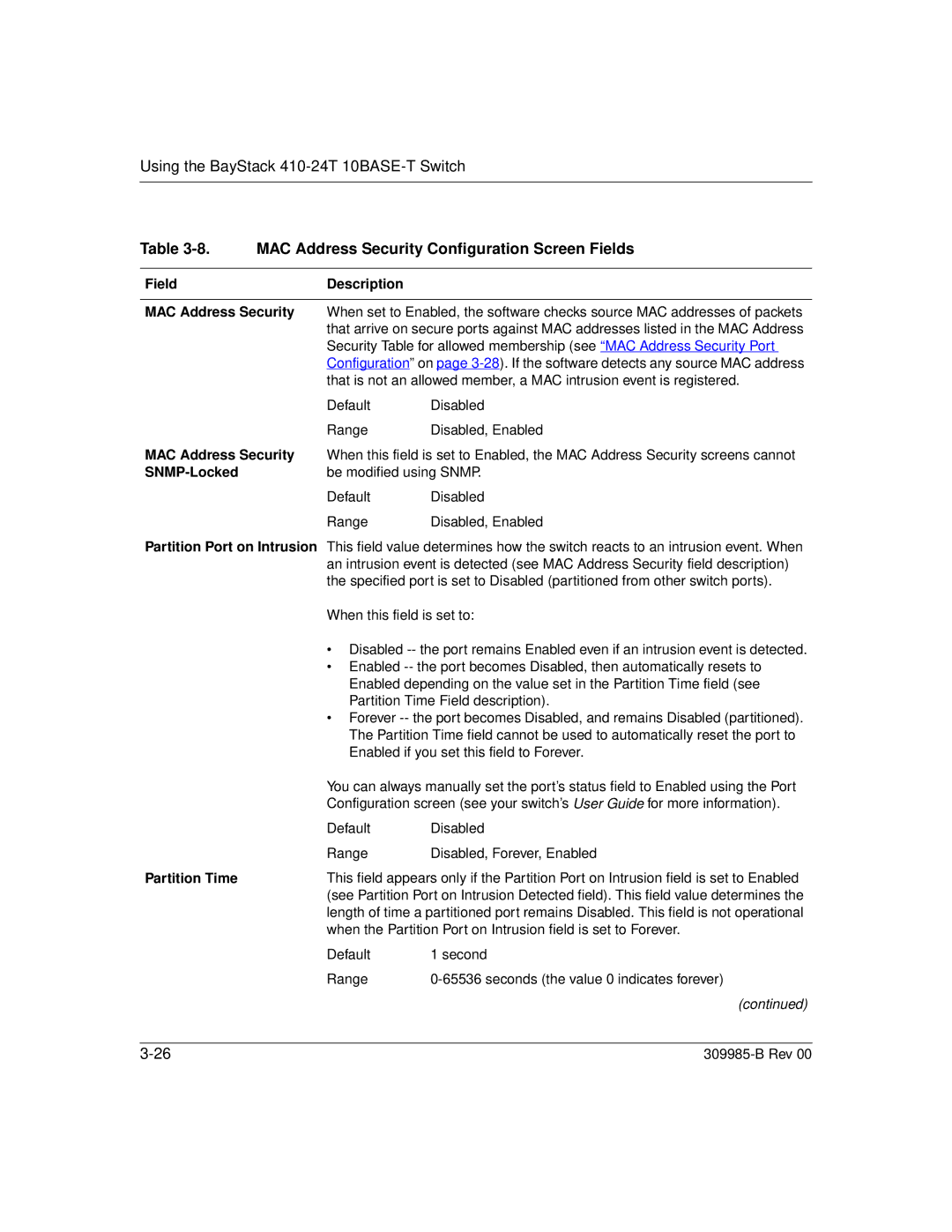 Nortel Networks 24T MAC Address Security Configuration Screen Fields, Field Description MAC Address Security, SNMP-Locked 