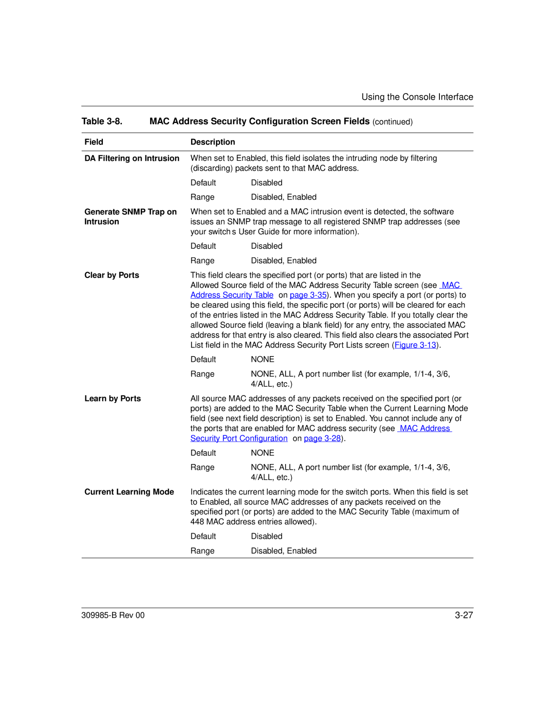 Nortel Networks 24T manual MAC Address Security Configuration Screen Fields 