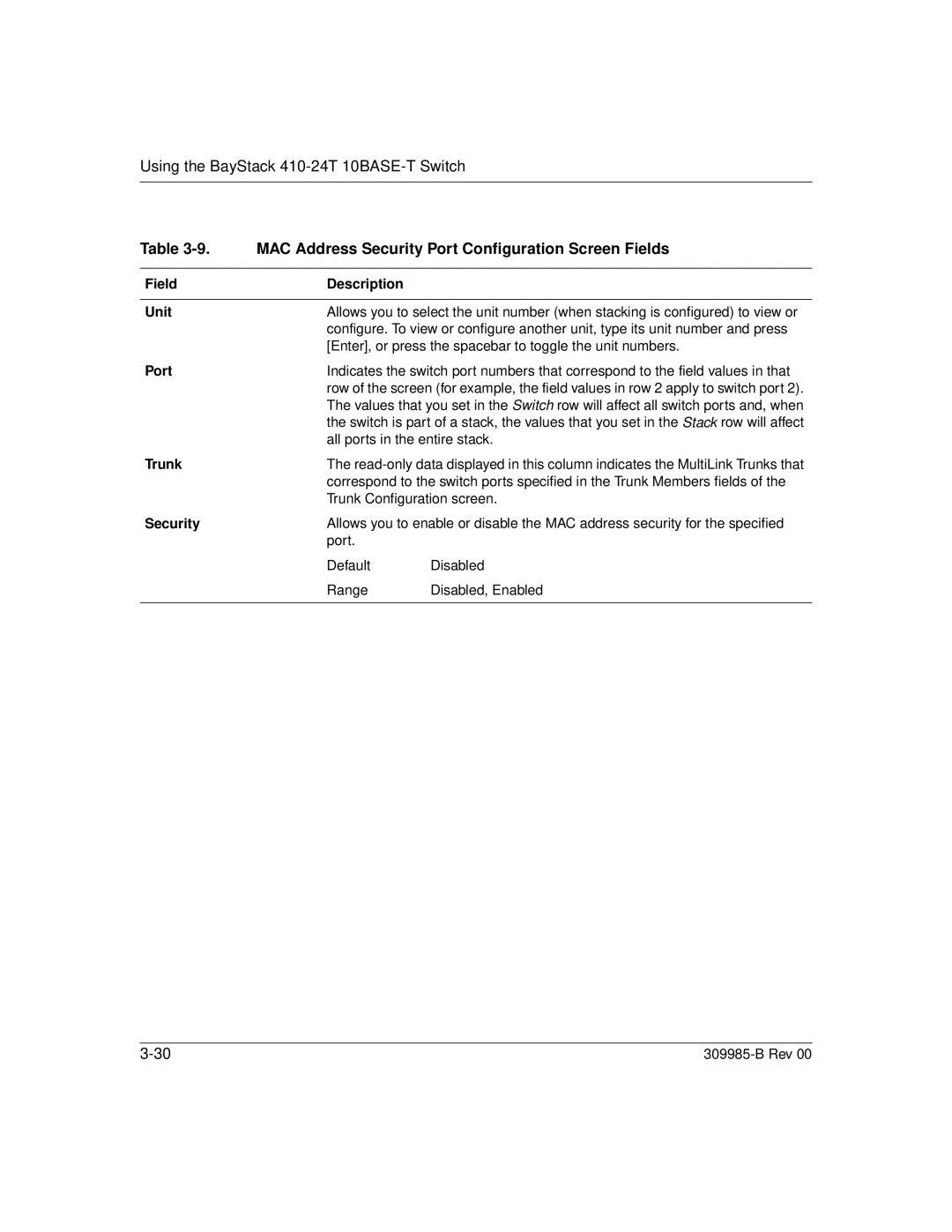 Nortel Networks 24T manual MAC Address Security Port Configuration Screen Fields, Field Description Unit, Trunk 