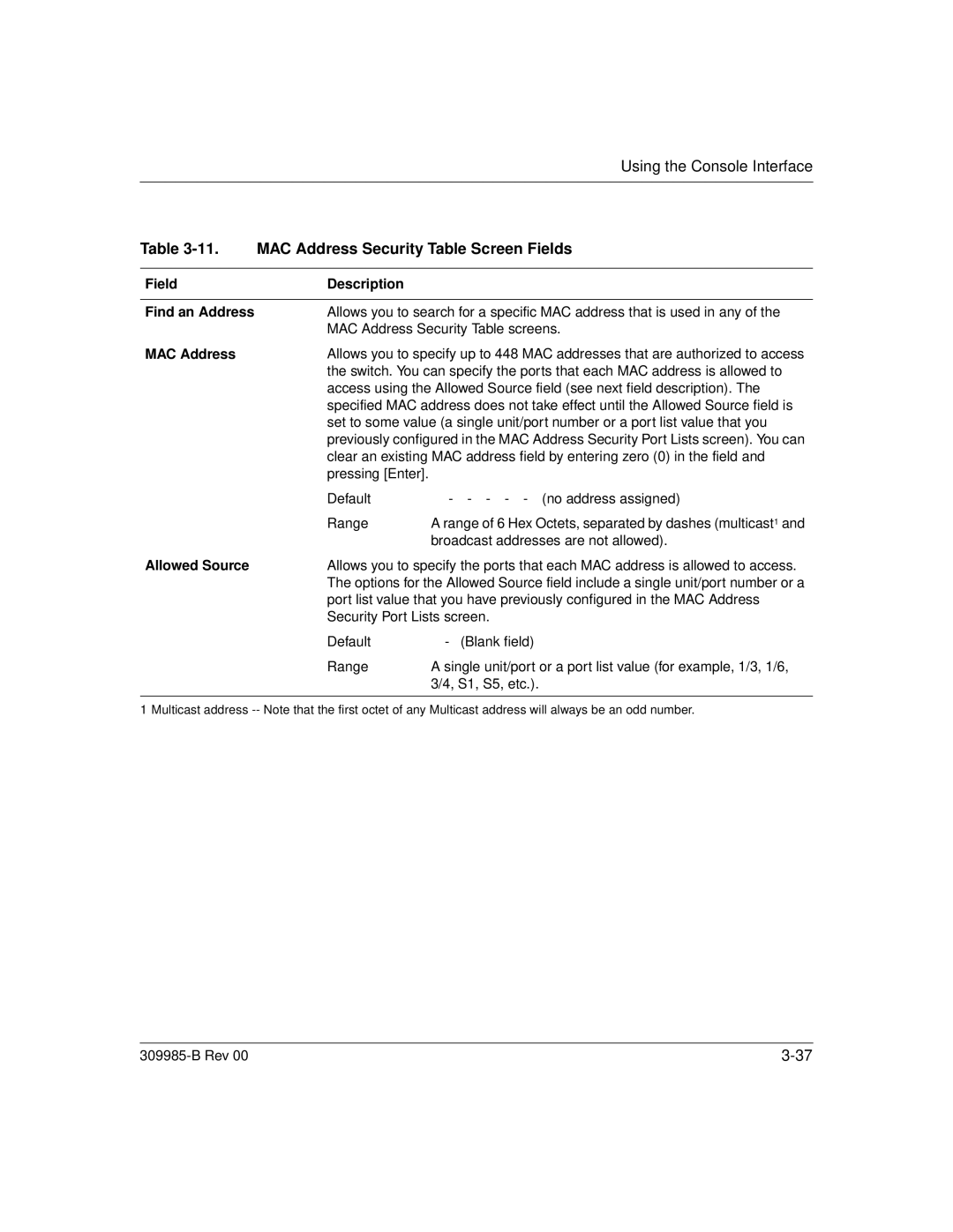 Nortel Networks 24T manual MAC Address Security Table Screen Fields, Allowed Source 